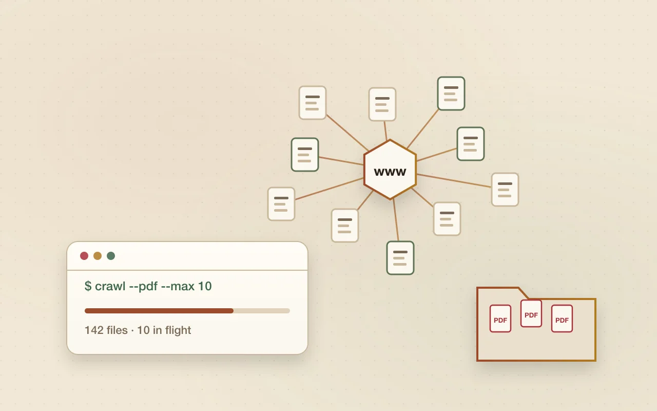 Illustration of a crawler mapping linked pages and saving PDF files
