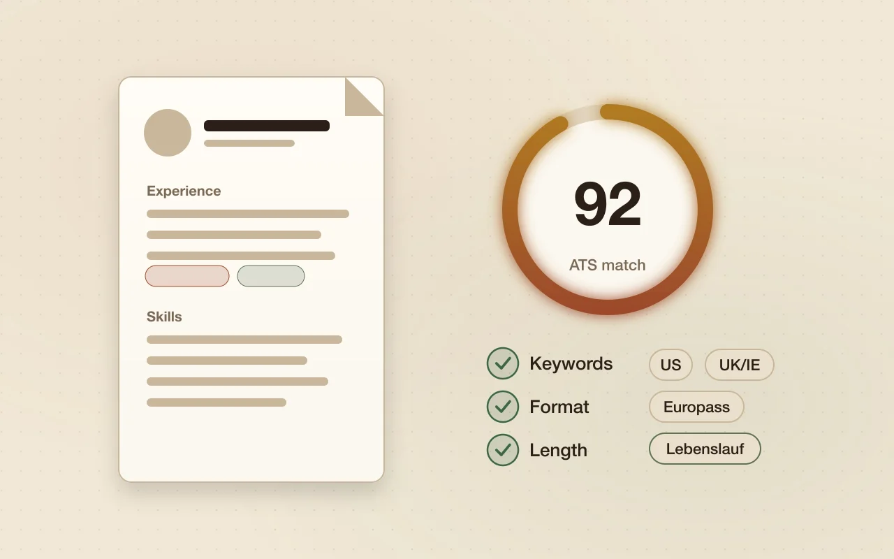Illustration of a résumé beside a 92 per cent ATS match score and résumé format options
