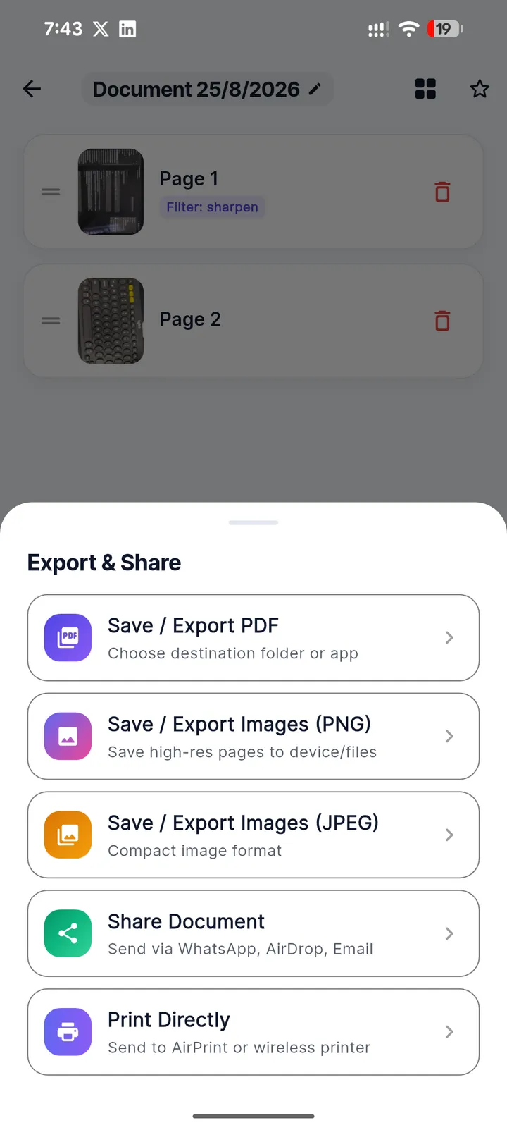 Export and share sheet offering PDF, PNG, JPEG, share and print