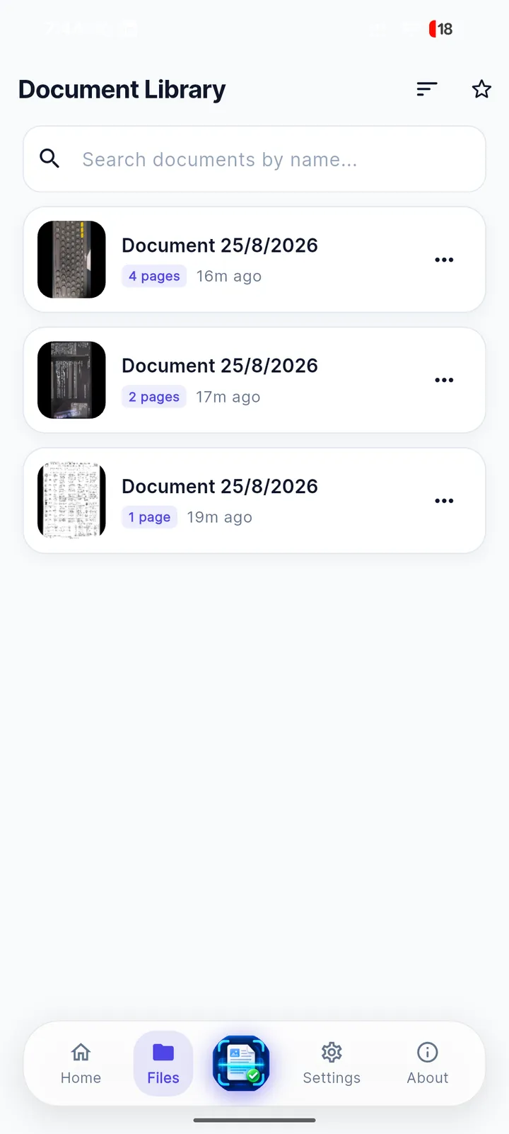 Document library with search and page counts
