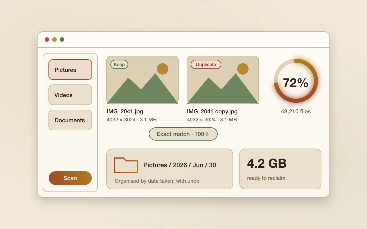 Illustration of a desktop app matching two identical photos, with space to reclaim and a dated folder tree