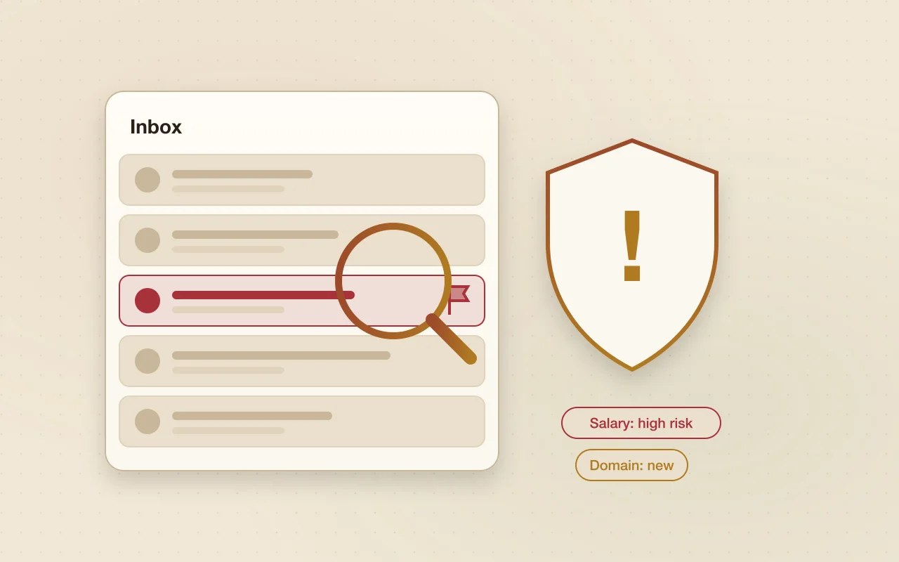 Illustration of an inbox with a suspicious job email flagged and a warning shield