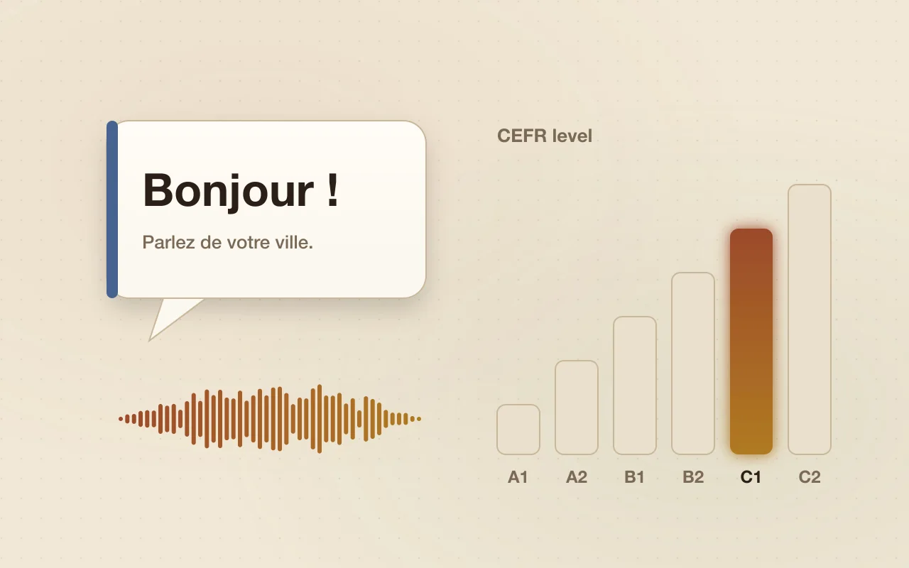 Illustration of a French speech bubble beside a CEFR level ladder from A1 to C2