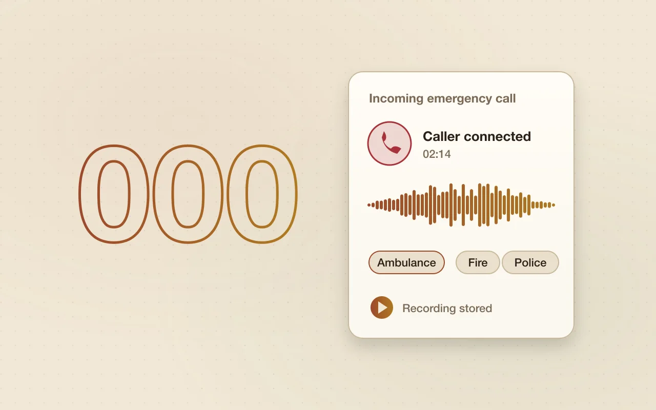 Illustration of the 000 emergency number beside an operator console handling a live call