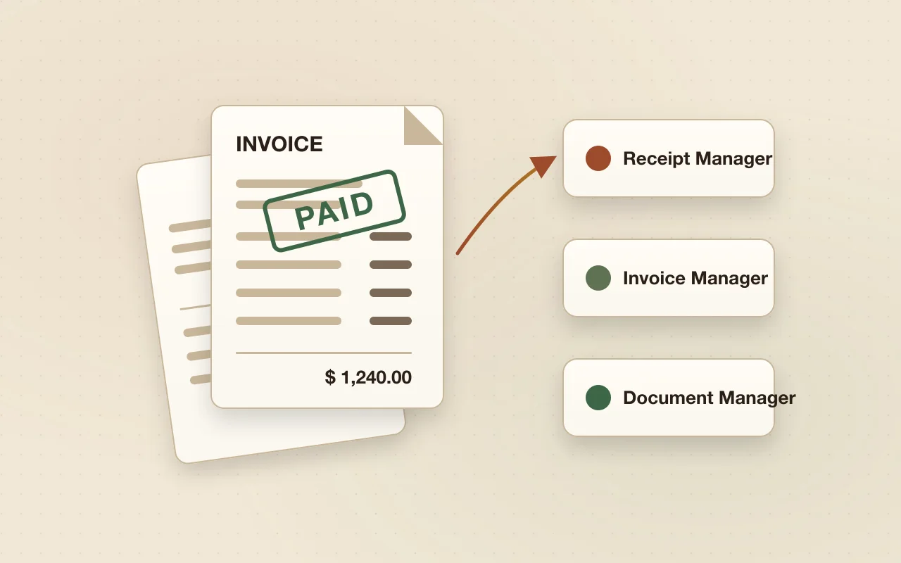 Illustration of a paid invoice beside the receipt, invoice and document manager services