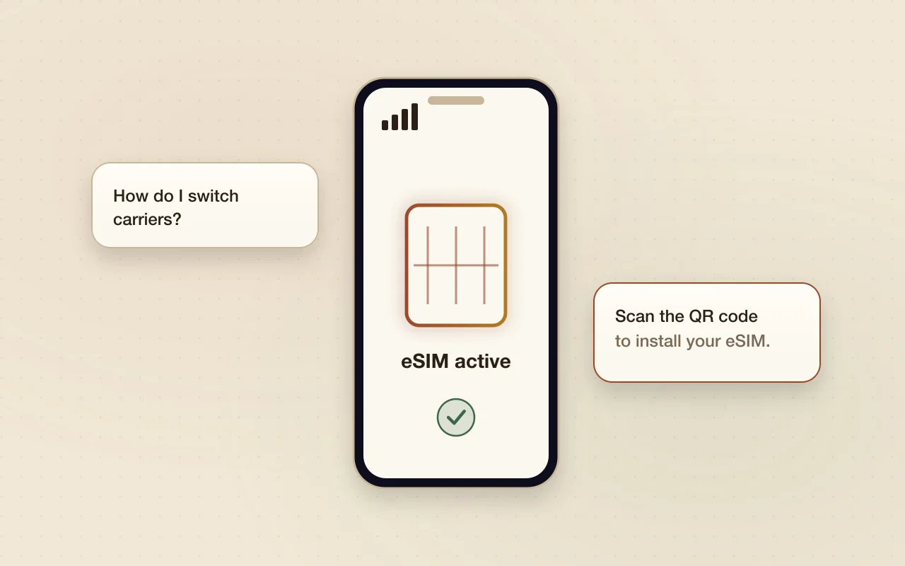 Illustration of a phone with an active eSIM and support chat bubbles
