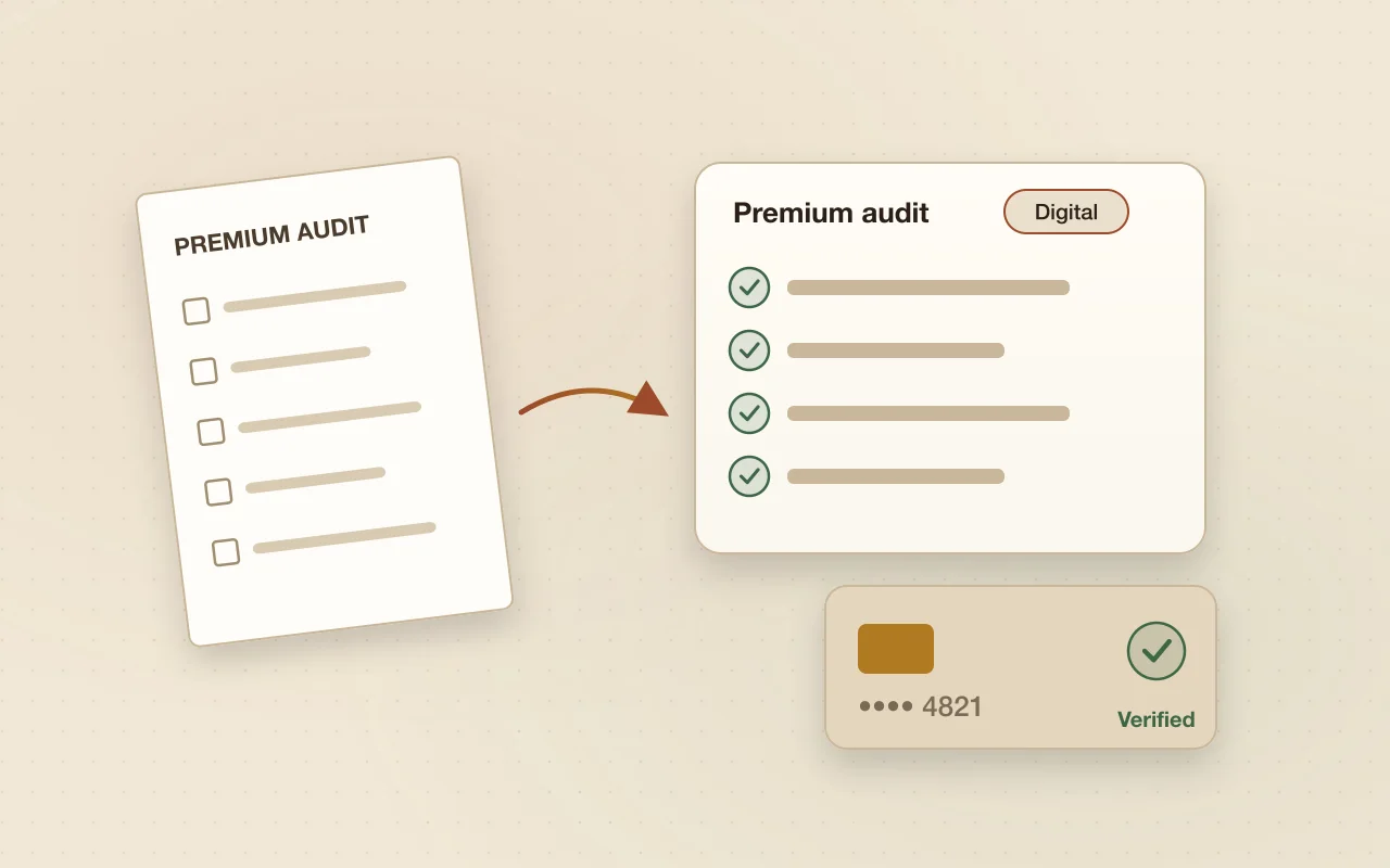Illustration of a paper premium-audit form becoming a digital checklist, with a verified bank card